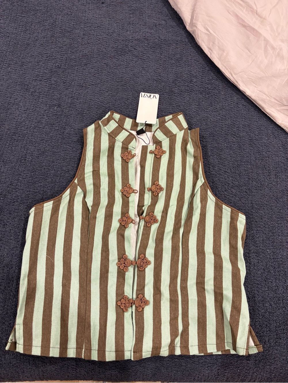 SHEIN Mint & Brown Striped Mandarin Collar Vest